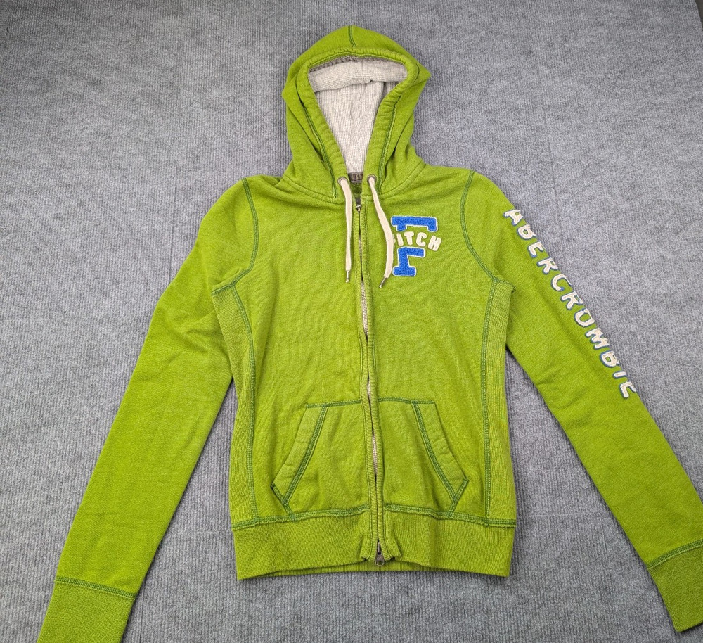 Abercrom bie & Fitch Hoodie Womens Medium Y2K Spellout Embroidered Green Zip