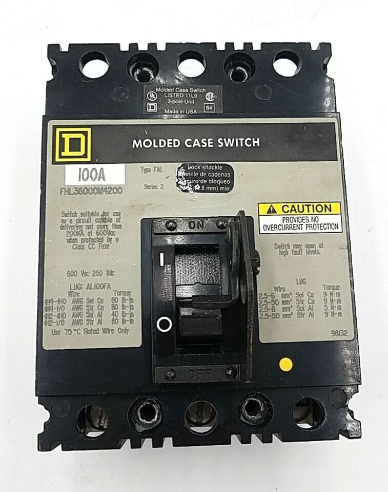 Square D FHL36000M4200 Circuit Breaker 100A 3P 600V FHL 100 Amp 3 Pole Used