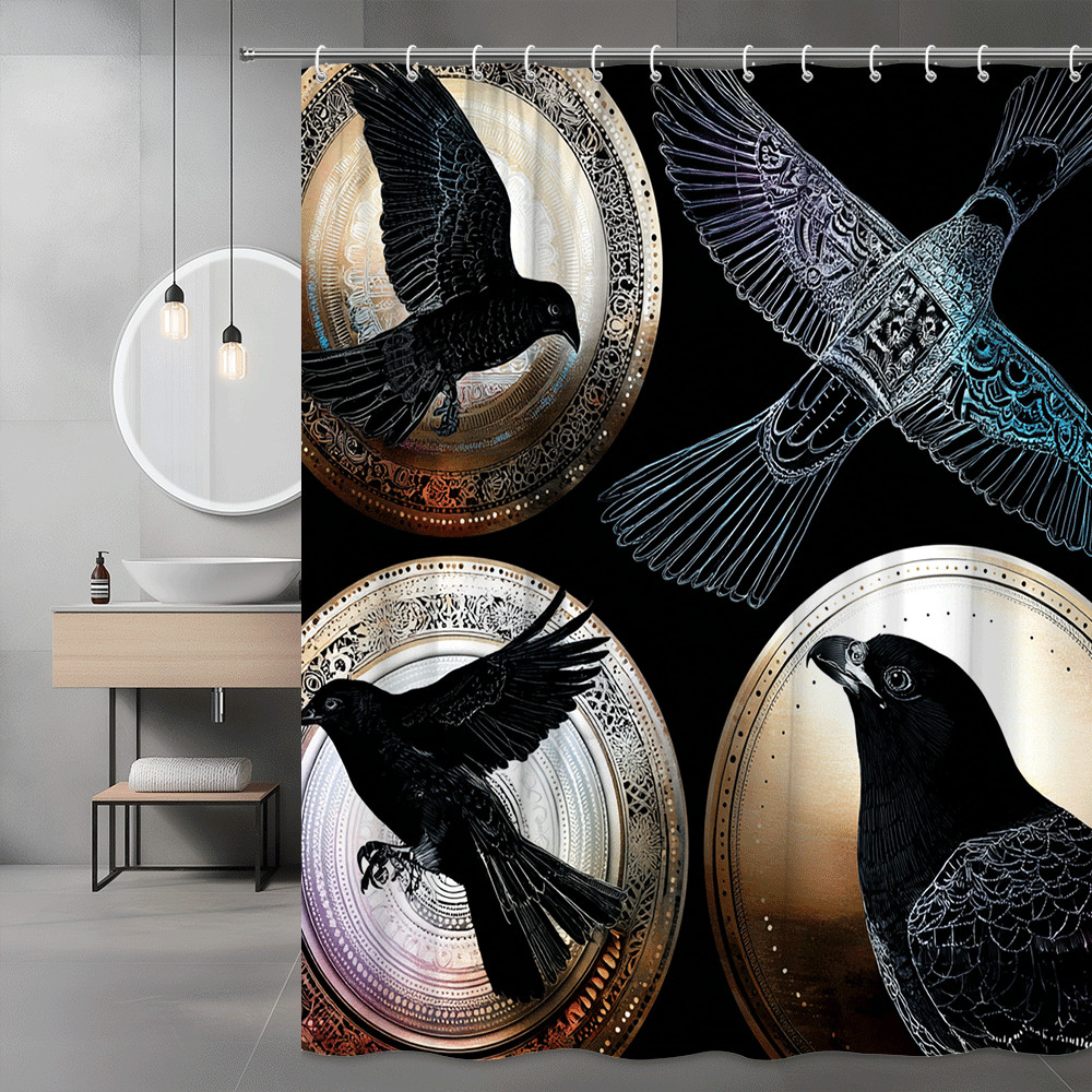 Crow Bird Shower Curtain Black and Gold Bird Print