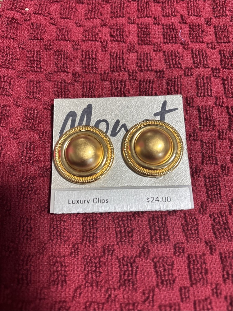 Monet Gold Tone Textured Round Button Clip On Earrings Good Cond