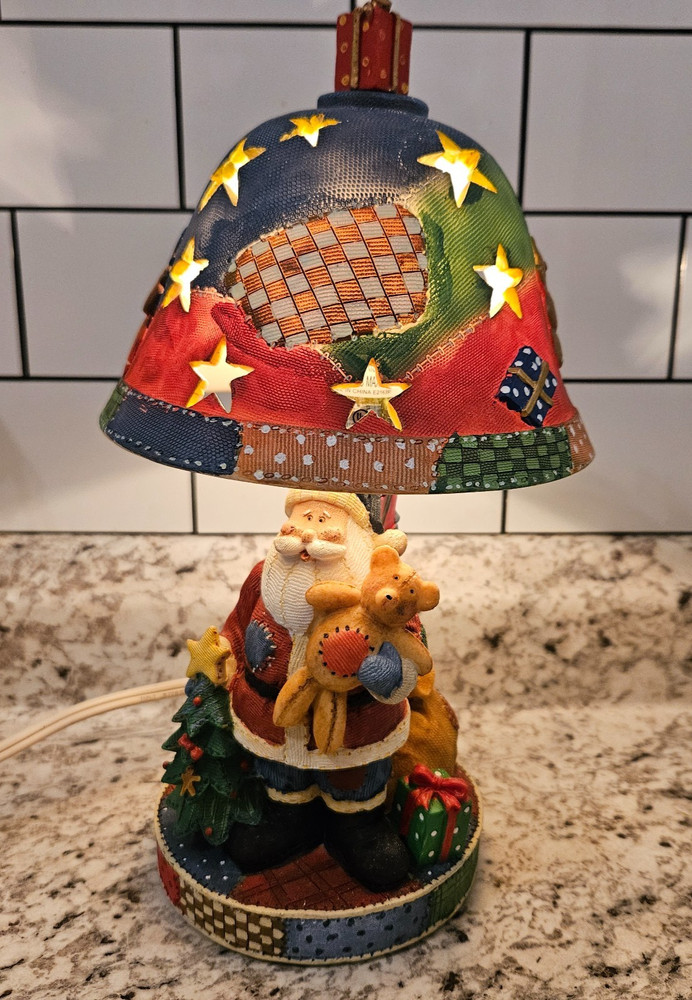 Vintage Patchwork Santa Claus Table Lamp Christmas Light Teddy Bear 10” Works