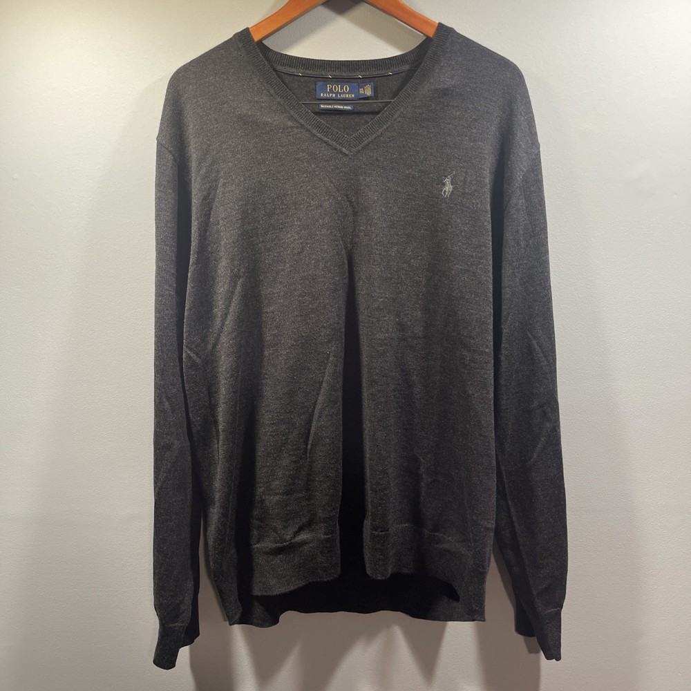 Polo Ralph Lauren Washable Merino Wool Mens XXL Gray V Neck Casual Sweater