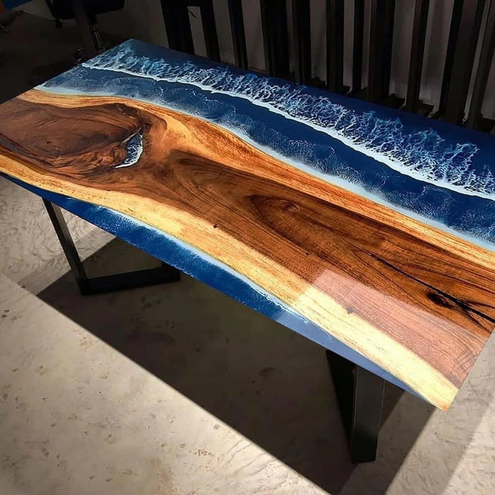 Ocean Wave Resin Epoxy Dining Table with Acacia Wood Handmade Home Decor