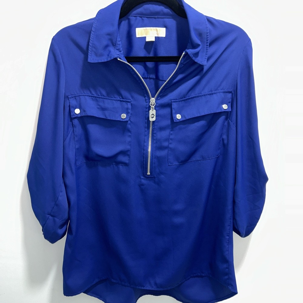 Michael Kors Navy Half-Zip Roll-Tab Sleeve Front Snap Pockets, Medium Blouse