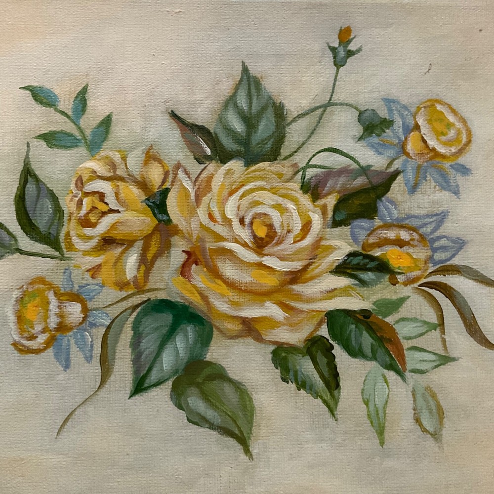 VINTAGE yellow rose floral flower acrylic PAINTING original hand painted