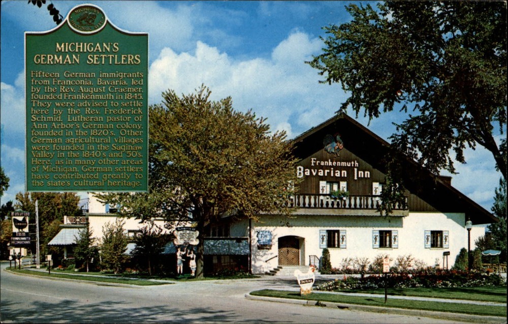 Michigan Frankenmuth Bavarian Inn chicken sign German settlers plaque ~ postcard