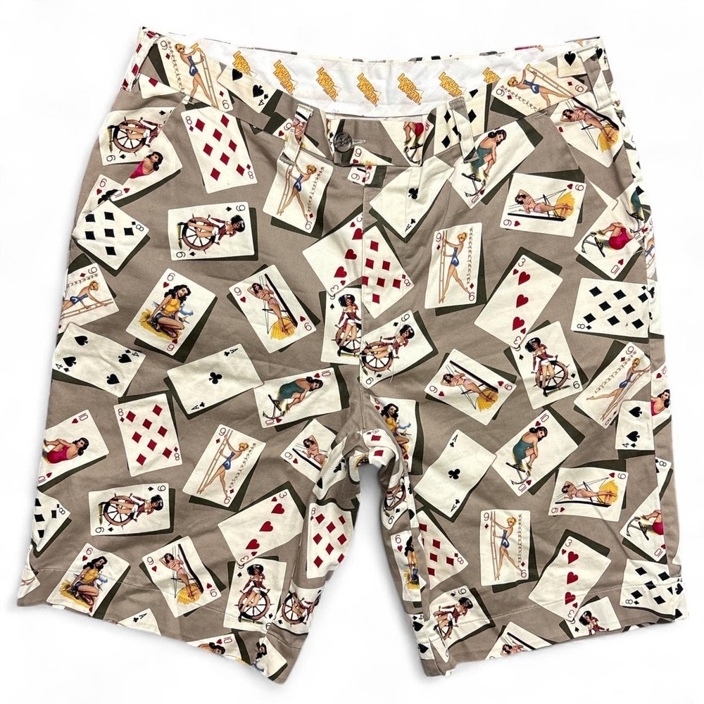 Loudmouth Shorts Mens 36 Golf Pin Up Cards Poker Chino Stretch Performance Brown