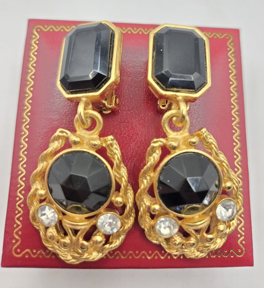 Vintage Black & Gold Statement Clip Earrings Ornate Filigree Runway 80s