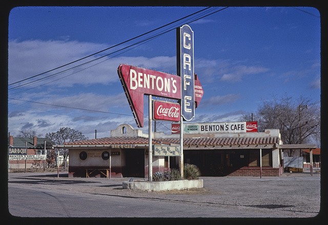 Photo:Fabens Texas 1979 Benton's Cafe BBQ Route 20 roadside sign