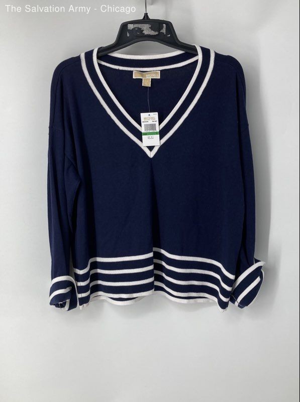 Michael Kors Womens True Navy Blue Long Sleeve V-Neck Pullover Sweater Size L