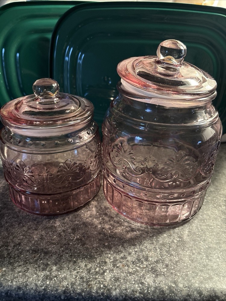 Vintage The Pioneer Woman Canister Jar Cassie Rose Glass PurpleEmbossed Set Of 2