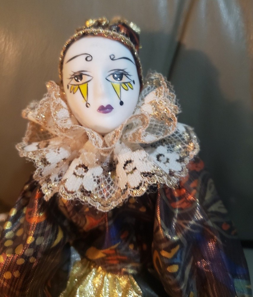 Porcelain Pierrot Clown Music Box on Pillow Harlequin Jester Functional