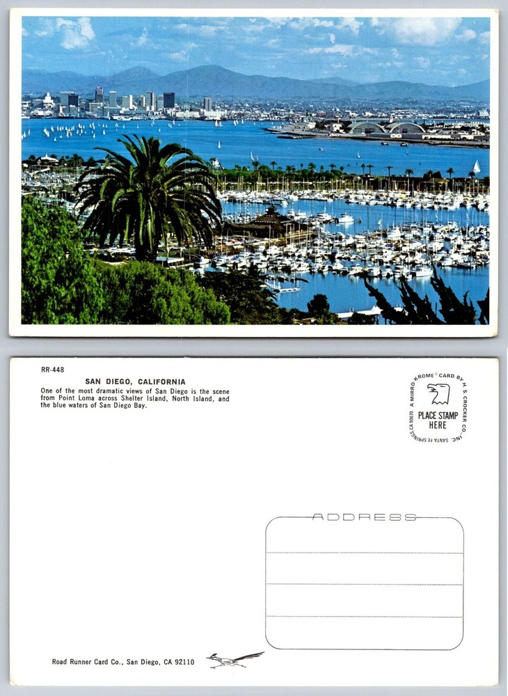 Vintage San Diego CA Point Loma View Shelter Island Bay Marina Chrome Postcard