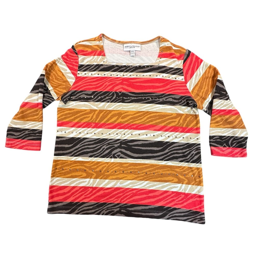 Rebecca Malone Shirt Womens Petite Small Brown Red Striped Zebra Print Studded