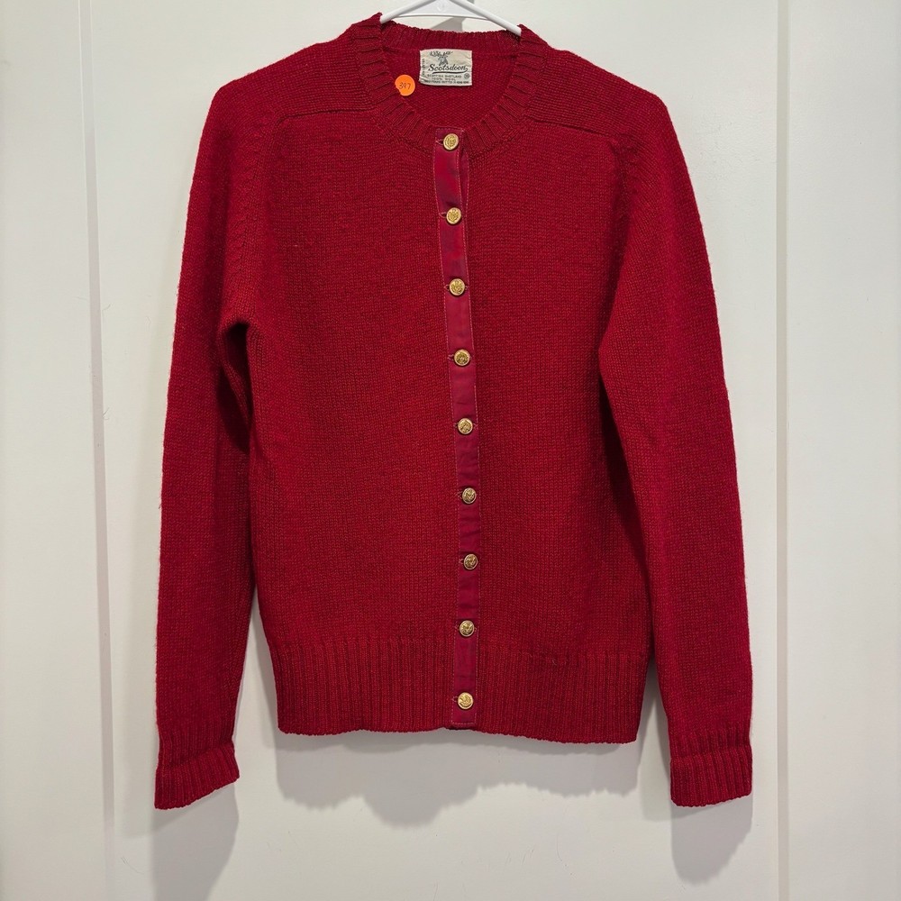 Scotsdoon Vintage Red Scottish Shetland Wool Cardigan Gold Crest Buttons Size 38