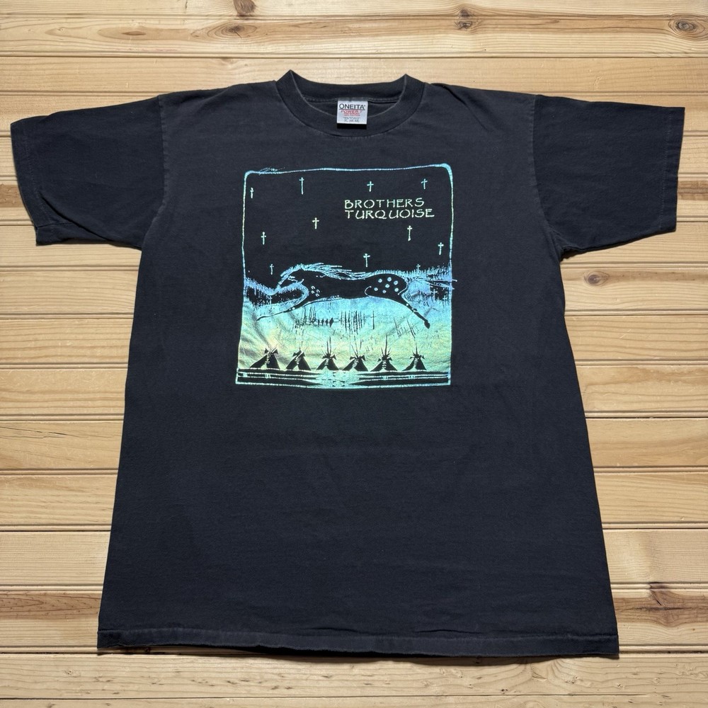 Vintage 90s Brothers Turquoise Native American Horse Tribal Art Shirt Size XL