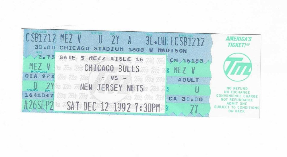 Chicago Bulls vs Indiana Pacers Unused Basketball Ticket from 12/12/1992