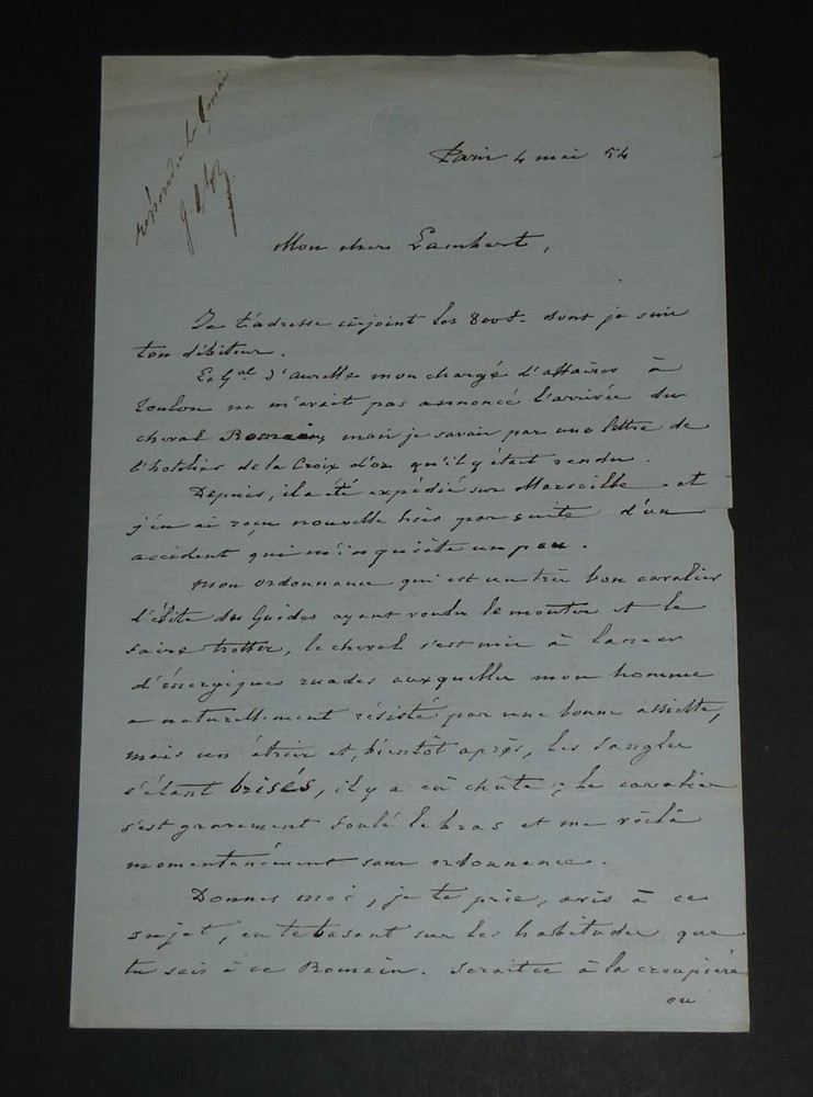 Louis Jules Trochu, General- Signed Autograph Letter to M Lambert, 1854