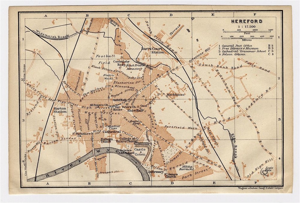 1906 Antique City Map Of Hereford / Herefordshire / England