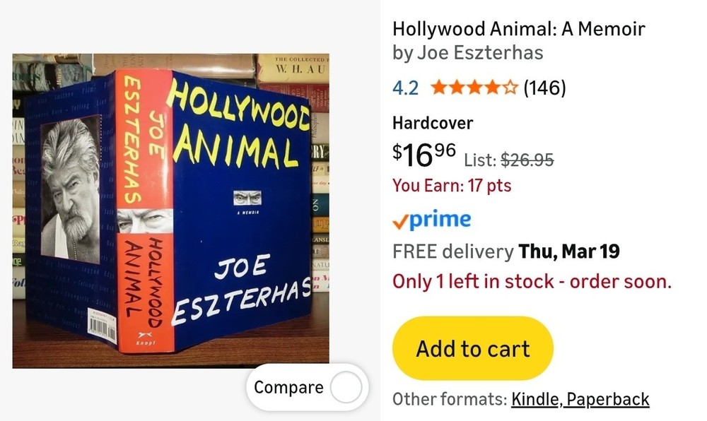 Hollywood Animal: A Memoir of Love and Treachery by Joe EszterhasHardcover Memoir Screenwriter Basic Instinct