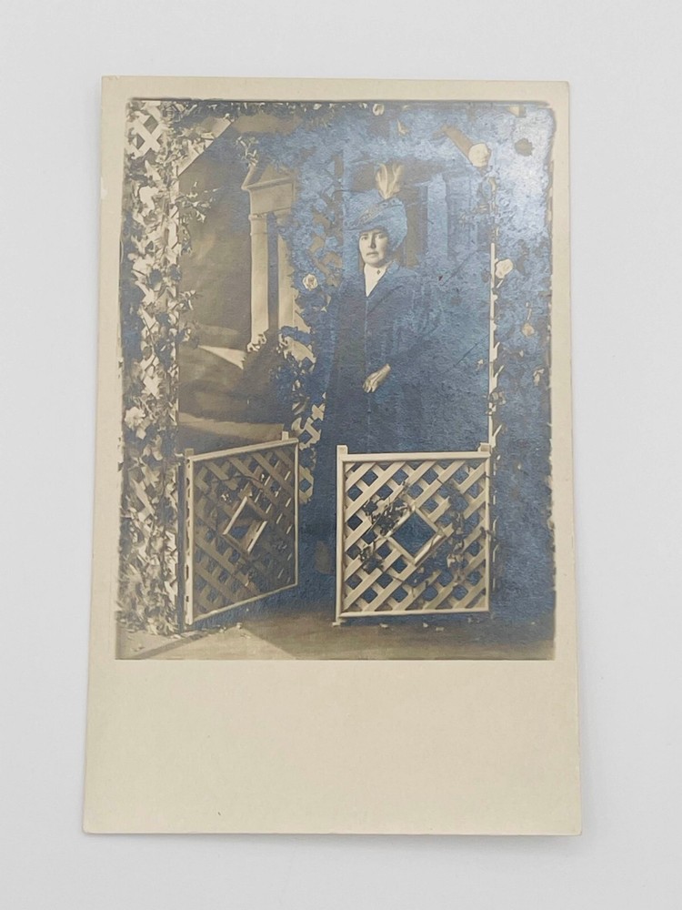 RPPC AZO Real Photo Postcard – Woman at Garden Gate – Early 1900s