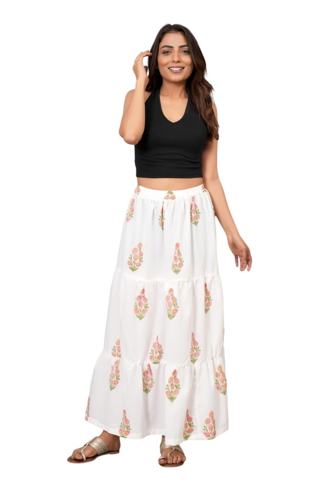 Women Floral Block Print Cotton Maxi Skirt Boho Flowy Long Skirt Elastic Waist