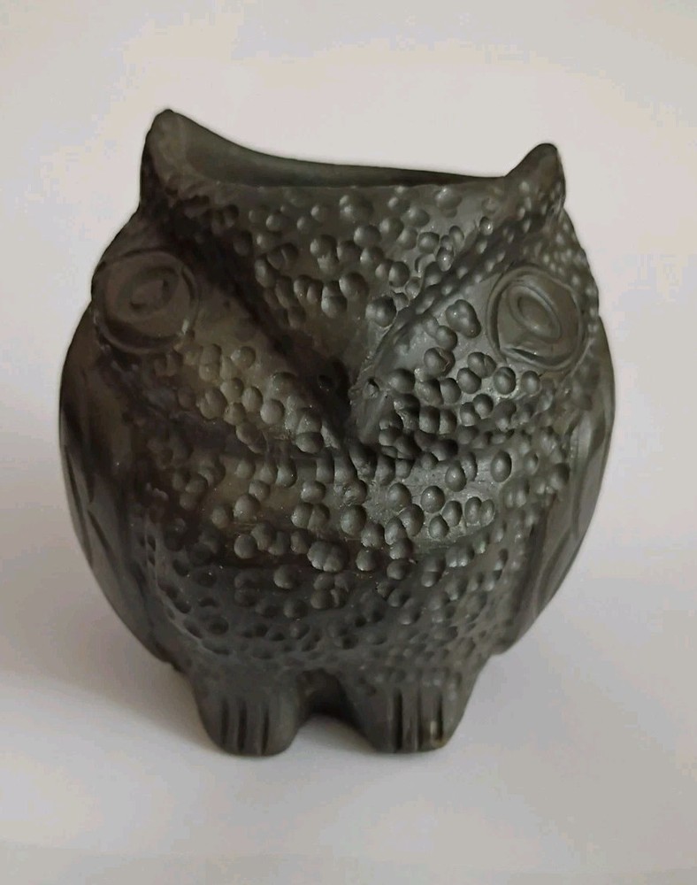 Handmade Black Ceramic Owl Tealight Candle Holder Votive Figurine, Signed