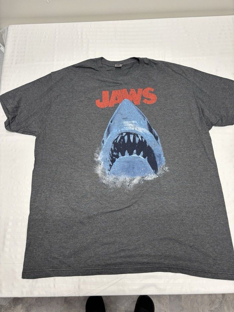 Jaws Mens T-Shirt- Distressed Big Mouth Shark Under Gray Name Image 2XL Size