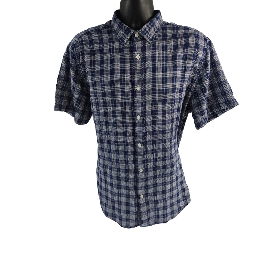 UNTUCKIT Mens XL Slim Fit Blue Plaid Short Sleeve Button Down Shirt