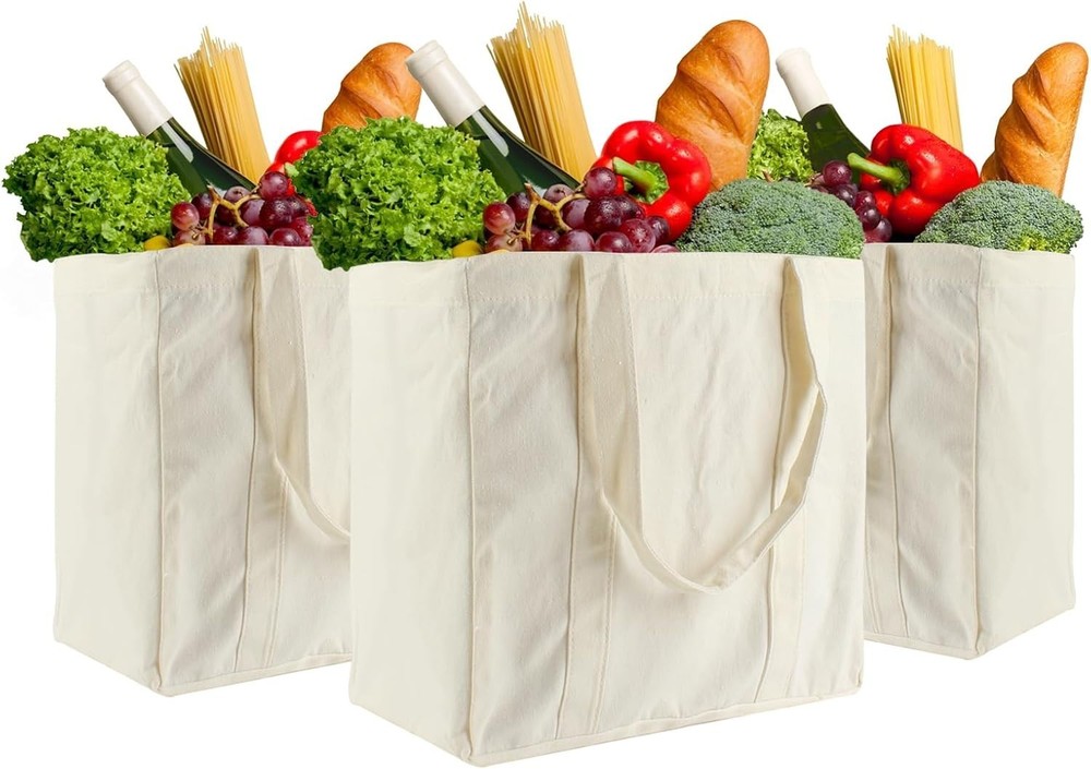 3PCS Reusable Canvas Grocery Bags 13.3x13x8 Inch Heavy Duty Shopping Tote NEW