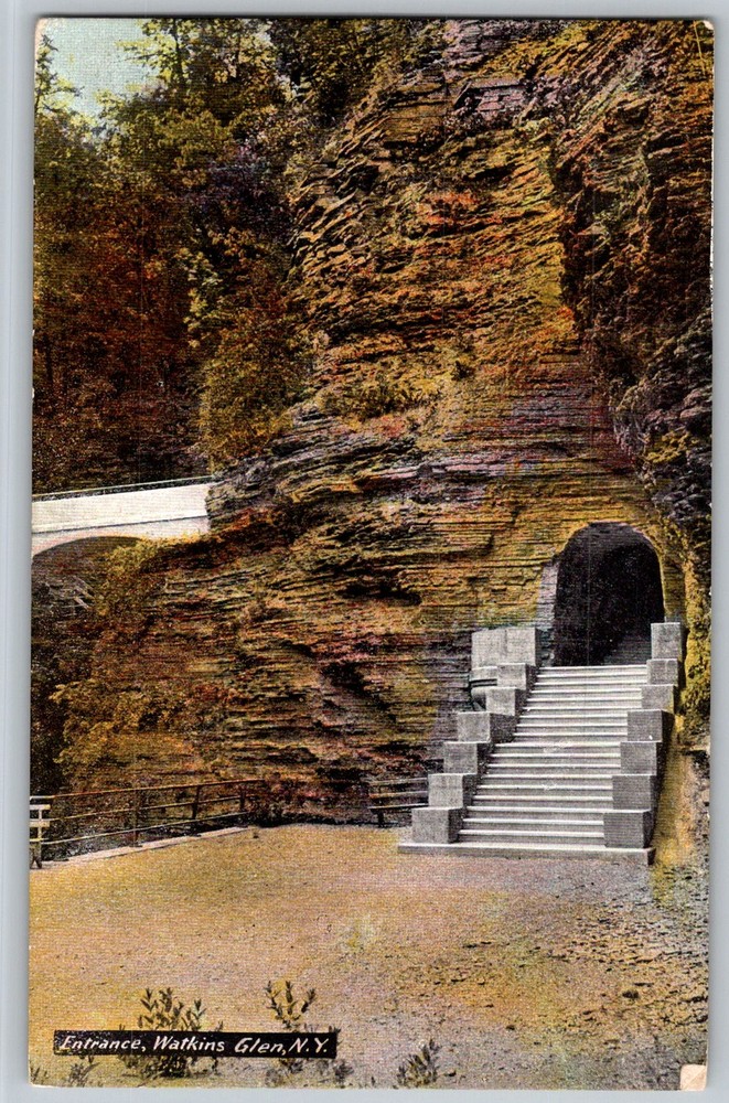Antique Postcard Gorge Entrance Steps Tunnel Watkins Glen, NY 1910s