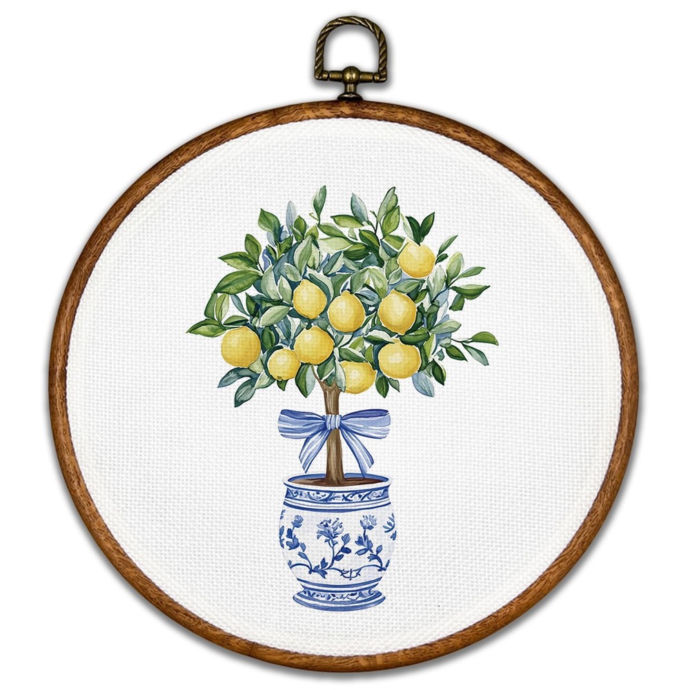 Chinoiserie Lemon Wall Art Round Canvas Framed Print Home Kitchen Decor