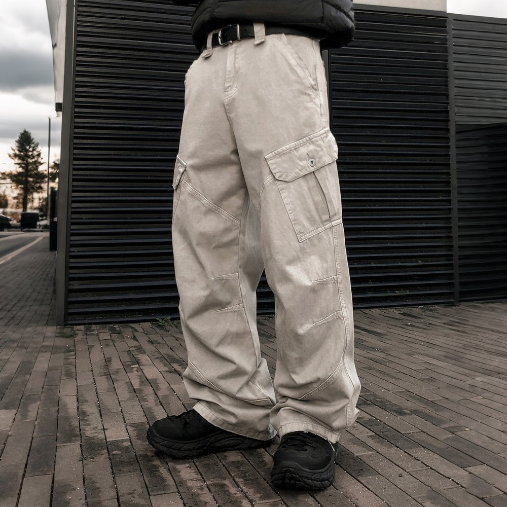 Retro Style Loose Mens Long Straight Pants Cargo 100% Cotton Trousers Pocket New
