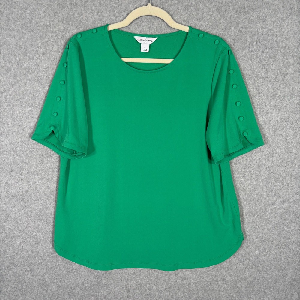 Liz Claiborne Blouse Large Knit Slinky Stretch Kelly Emerald Career Church