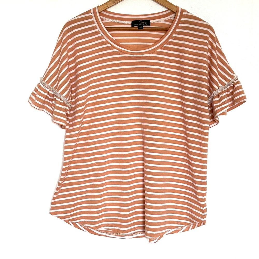 Suzanne Betro Shirt Women's Medium Striped Flutter Short Sleeve Blouse Top
