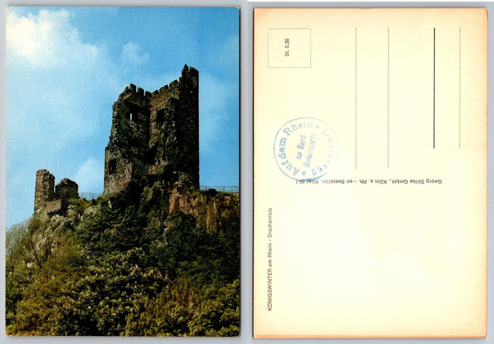 Drachenfels Castle Ruins Konigswinter Rhine River Germany Postcard Ship Stamp