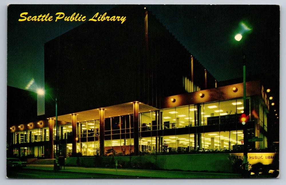 Postcard WA Seattle Public Library Night Street View