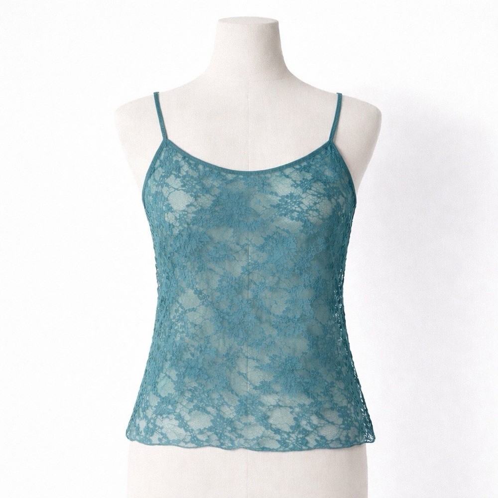 VTG y2k 90s blue DKNY donna karan Lace Cami Top Size L Teal Blue-Green Sexy