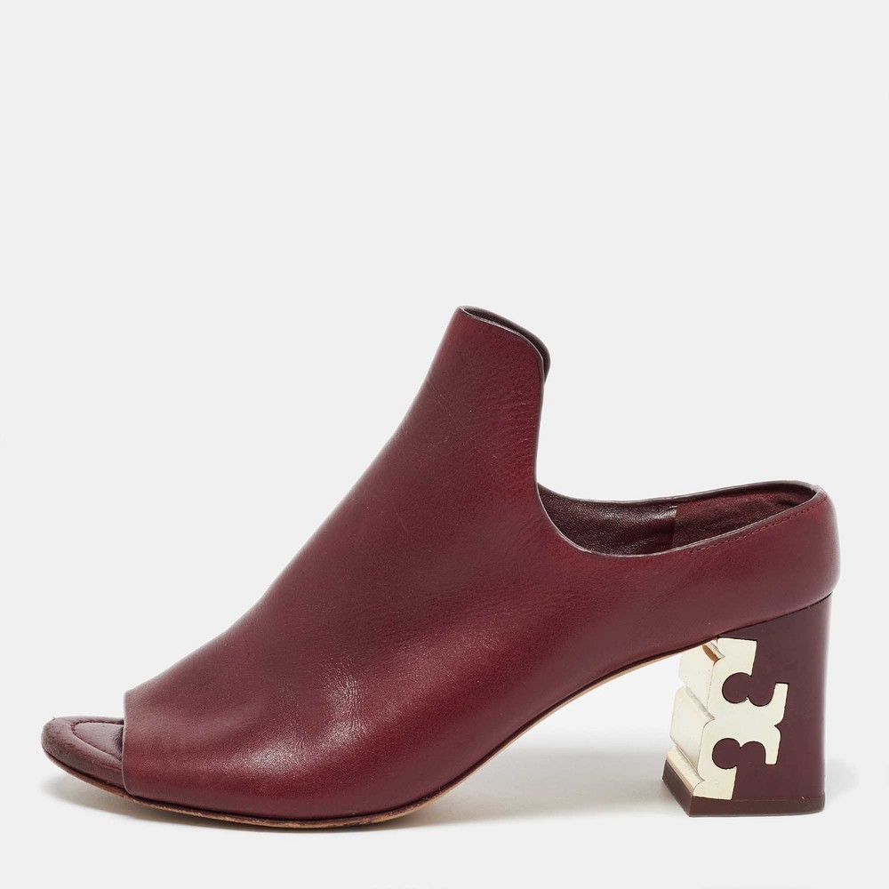 Tory Burch Burgundy Leather Block Heel Mules EU 37.5