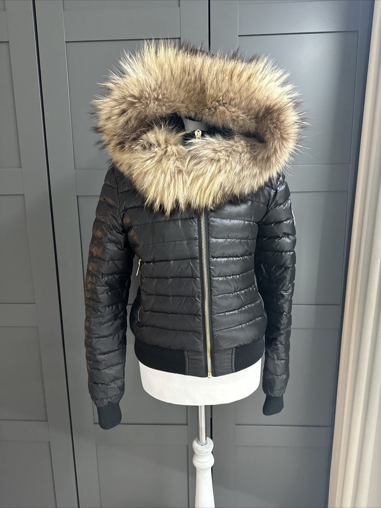 Holland Cooper black padded real fur bomber jacket coat XS 6 8 Sportsline