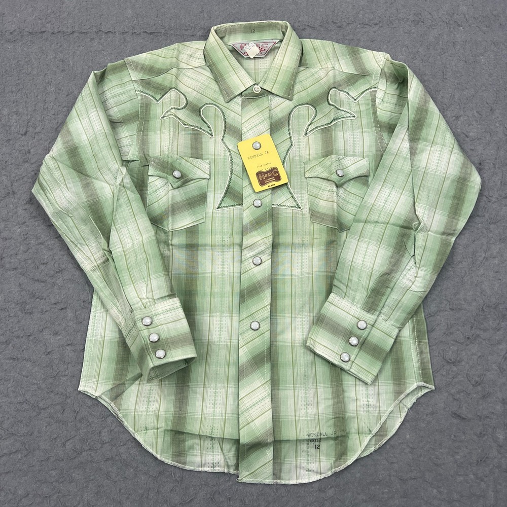 VTG H Bar C Shirt Boys 12 Green Plaid Western Pearl Snap Deadstock USA Made 70s