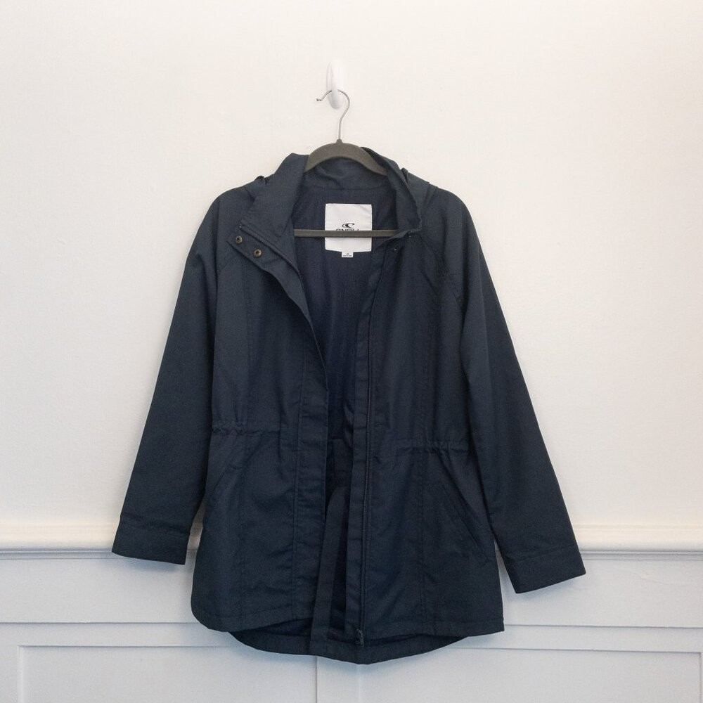 ONeill Navy Lightweight Hooded Rain Jacket Medium Outdoor Windbreaker Travel Coat