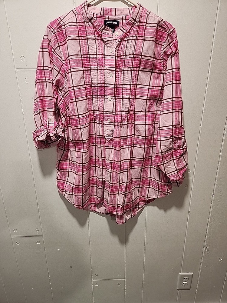 Lands End Flannel Popover Shirt Womens Size 18W Pink Plaid Pleated Top Blouse