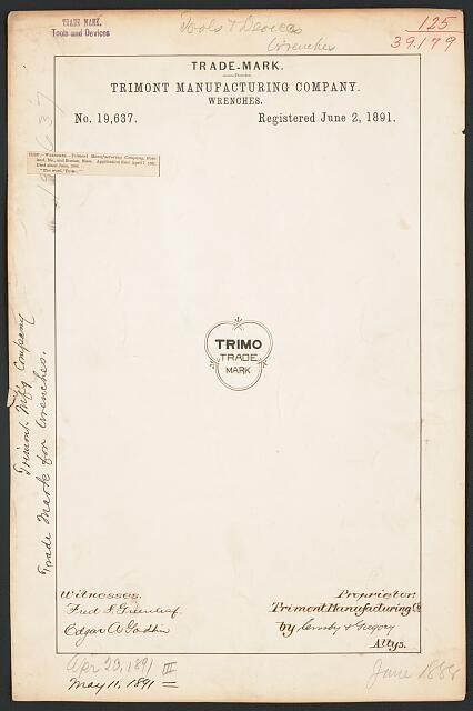 Photo:Trimont Manufacturing Co Trimo Wrenches Trademark 1891 Document