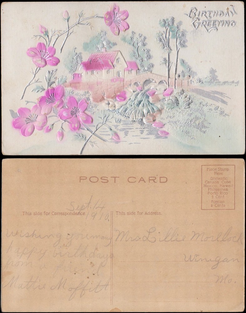 birthday greetings, house by bridge with pink flowers, silver foil stamped