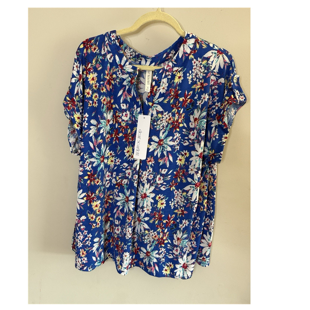 Dear Scarlett Blue Floral V-Neck Short Sleeve Pullover Blouse Button Size XL