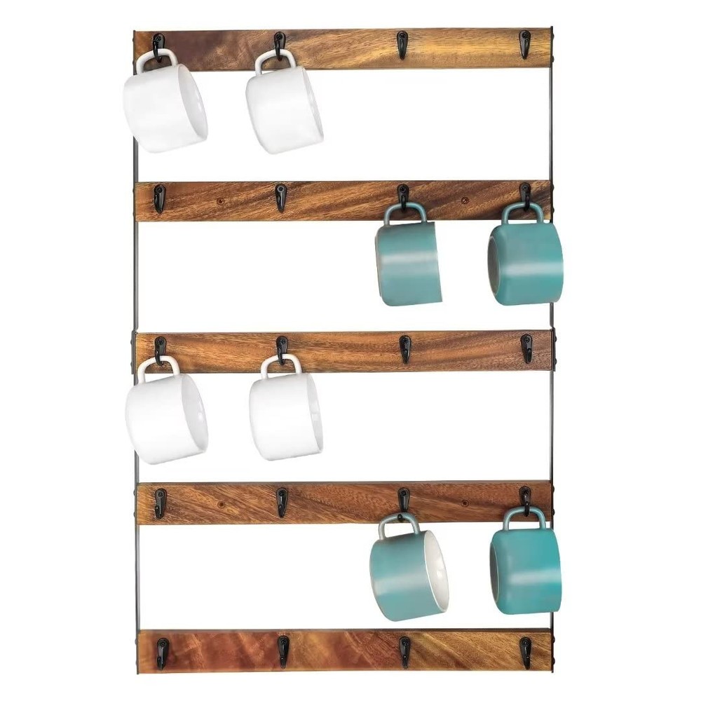 Wall Mounted Coffee Mug Holder, Large 5 Tier Shelf with 20 Hooks for Cups, Ru...