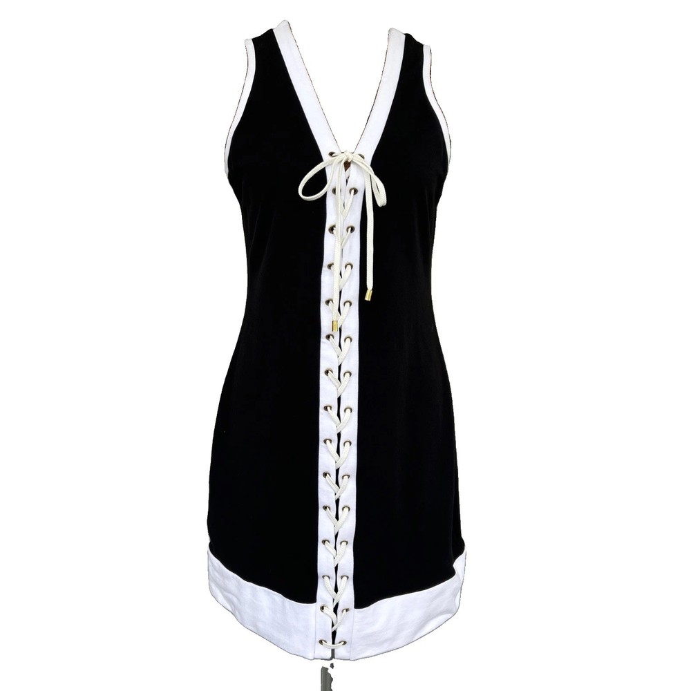 BOSTON PROPER Size M Womens Black Sleeveless Plunge Lace Up Short Dress