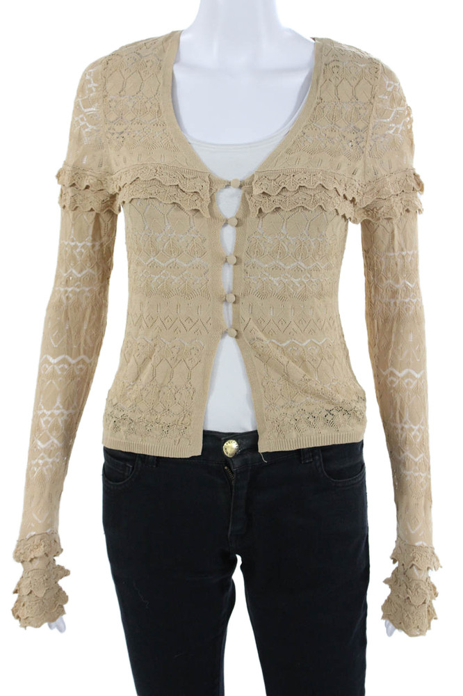 Zara Womens Cardigan Beige V Neck Geometric Button Long Sleeve Size SFree Shipping in US $100+ Orders | $6.95 Orders Below