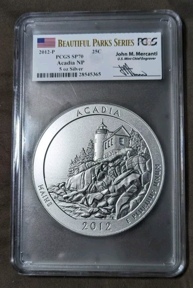 2012-P Acadia National Park 5 Five Oz Ounce Silver ATB PCGS SP70 Mercanti-image